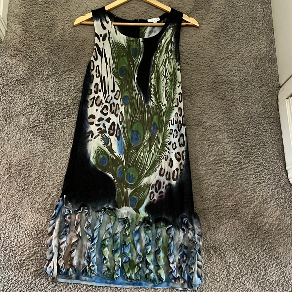 Peacock pattern dress with ruffle hem